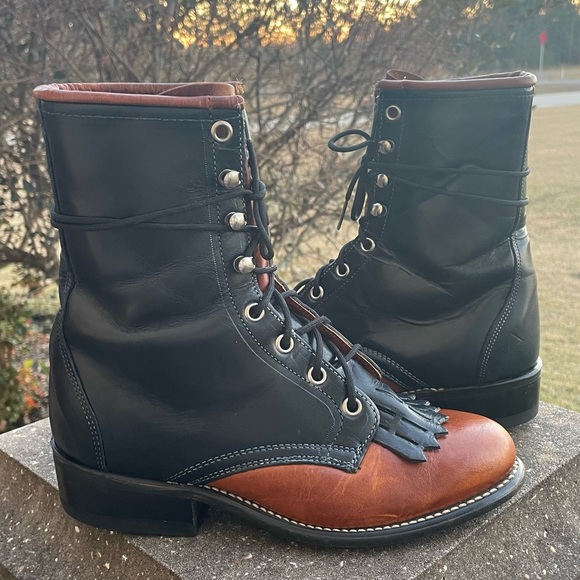 Vintage Shoes - Loredo Vintage Navy Blue & Tan Kiltie Lace Up Victorian Boot Size 5.5